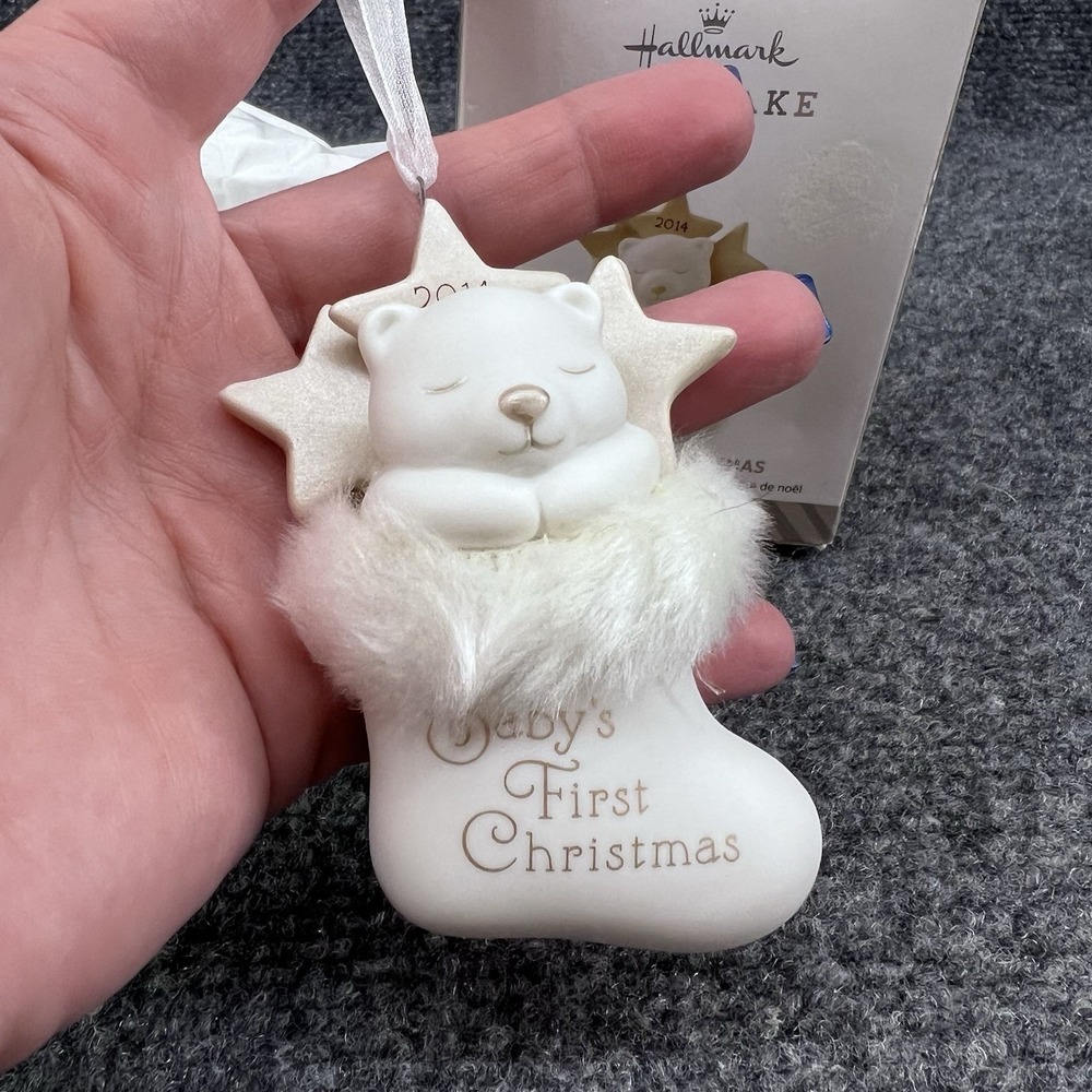 2014 Baby's First Christmas Hallmark Keepsake Ornament White Bear in Stocking - Picture 2 of 8